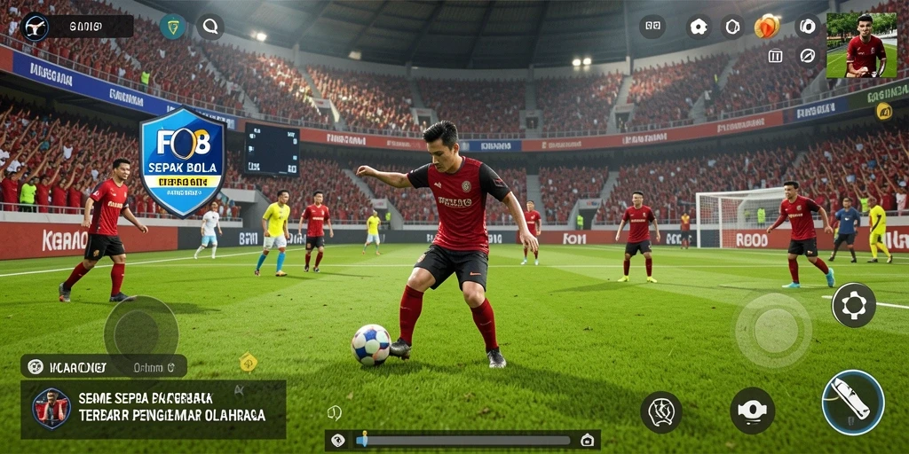 Screenshot gameplay FO8 menampilkan aksi seru di lapangan sepak bola.