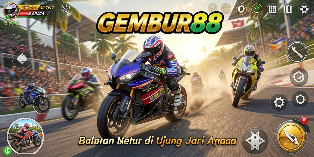 Tampilan gameplay seru dari GEMBUR88 saat balapan motor.